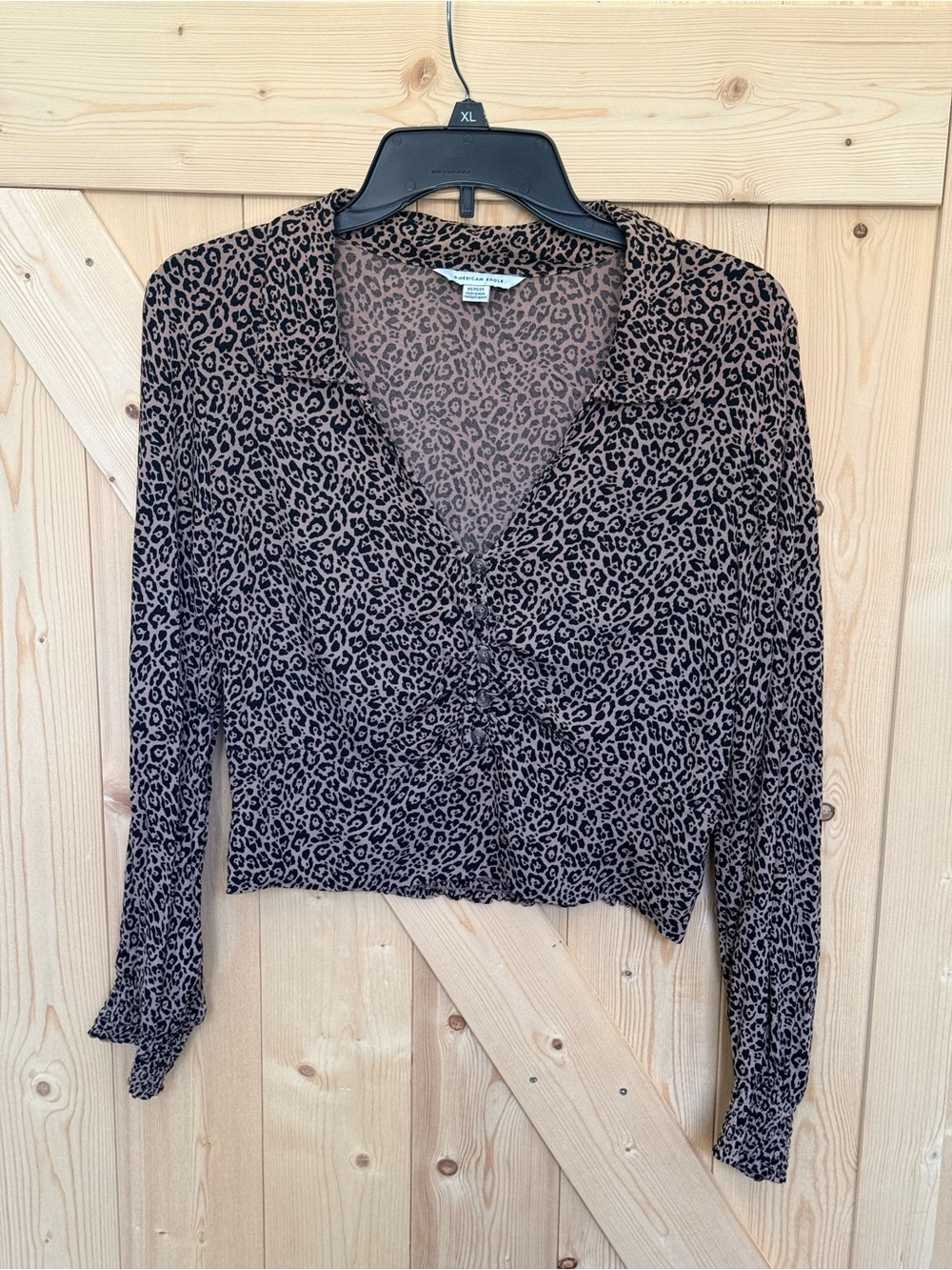 American Eagle Outfitters Brown Leopard Print V-Neck Long Sleeve Button Top